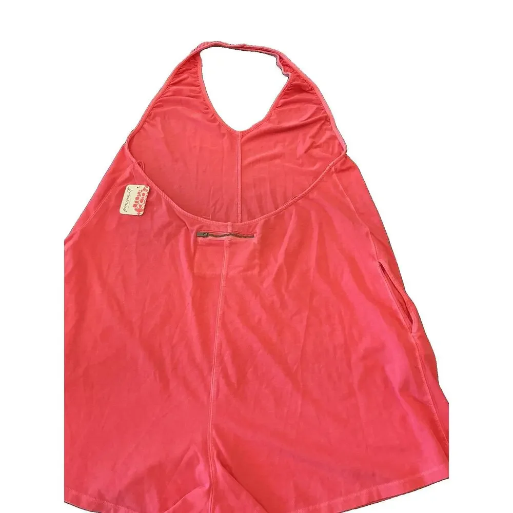 FP Movement NWT $60 Free People Hot Shot Halter Romper Open Back Hibiscus Pink